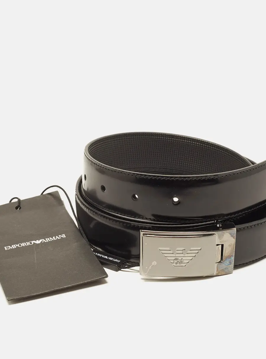 Emporio Armani Logo Plate Buckle Cut to Size Belt Black Leather