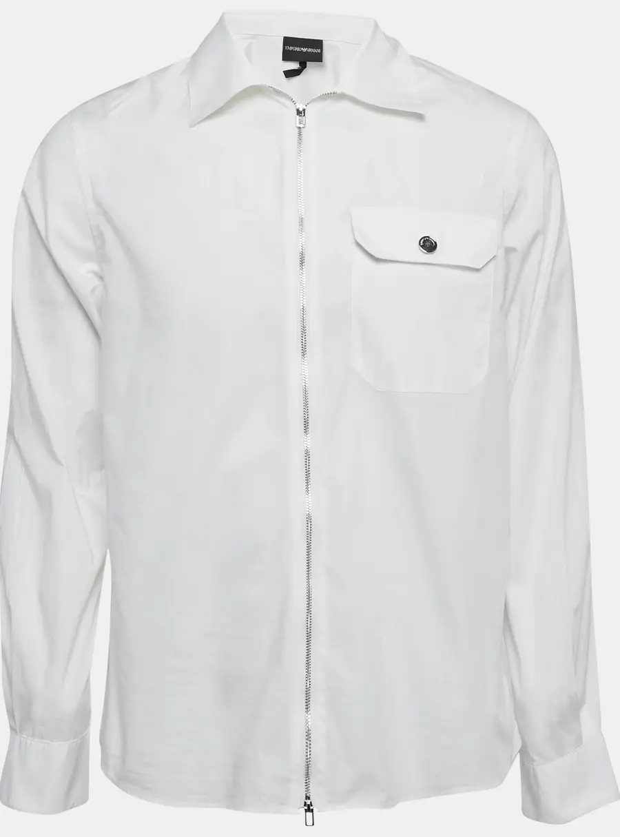 Emporio Armani White Cotton Zip-Up Long Sleeve Shirt L