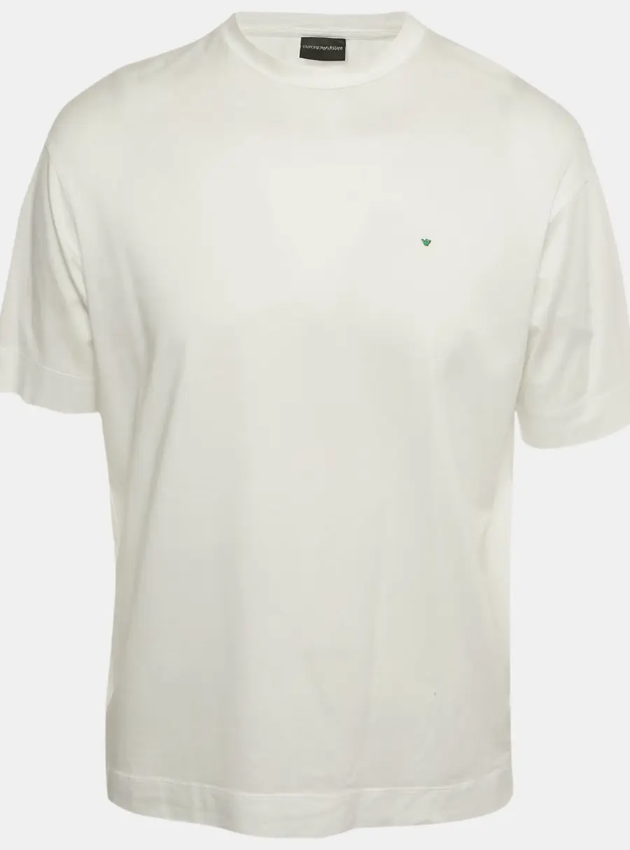 Emporio Armani White Logo Embroidered Cotton Crewneck T-Shirt S