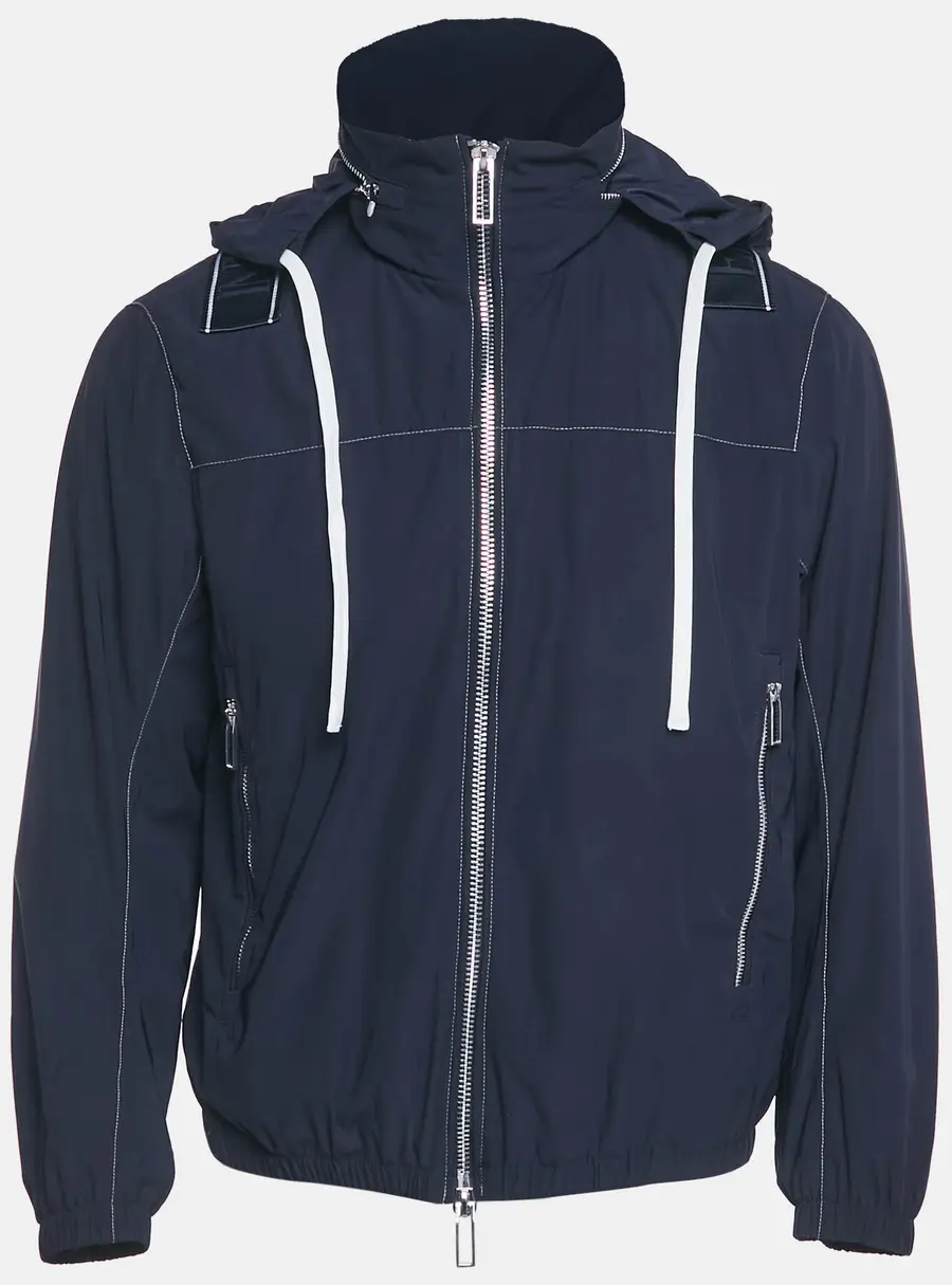 Emporio Armani Navy Blue Synthetic Logo Band Conceal Hood Jacket S