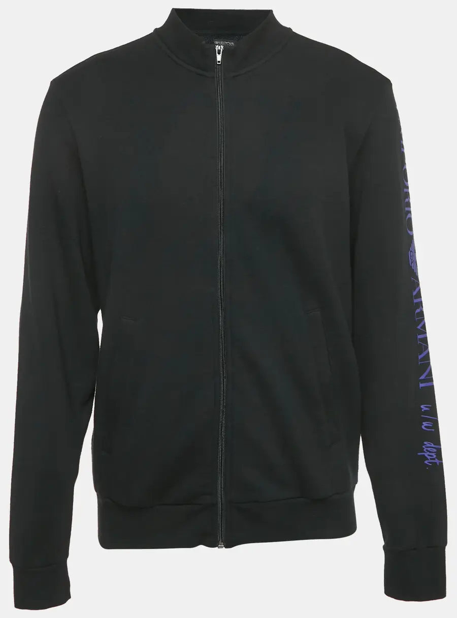 Emporio Armani Black Cotton Logo Print Zip Front Hoodie L