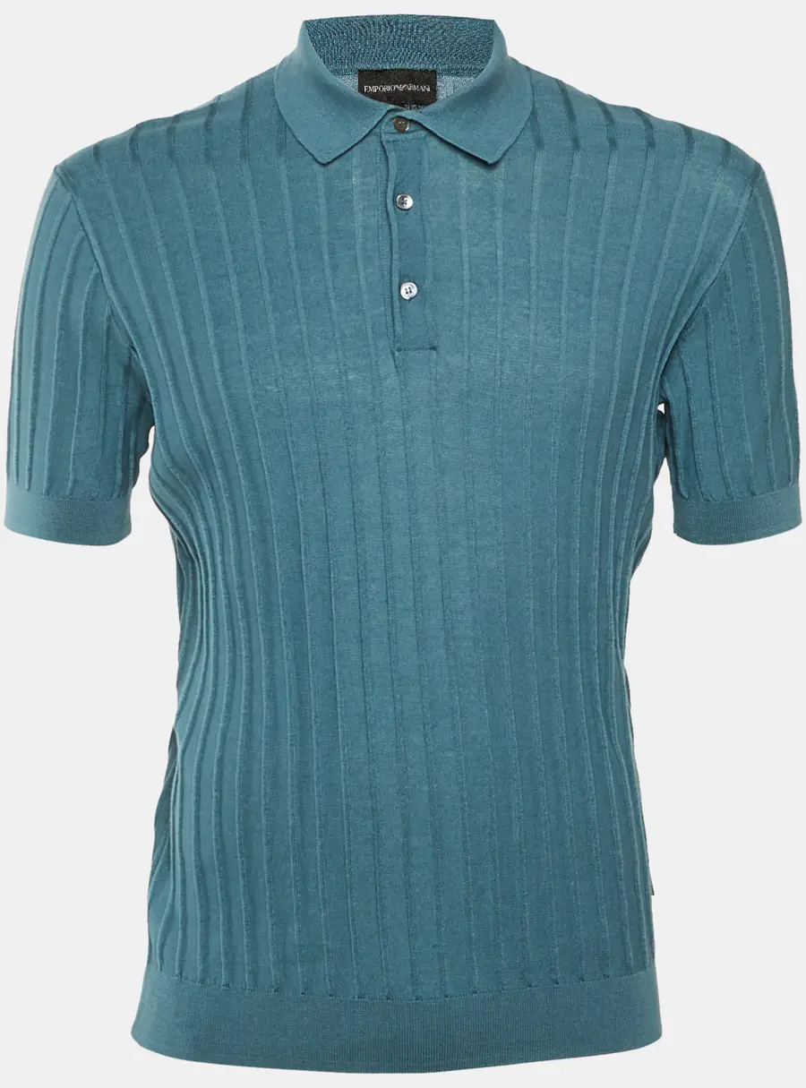 Emporio Armani Slate Blue Ribbed Knit Polo T-Shirt L