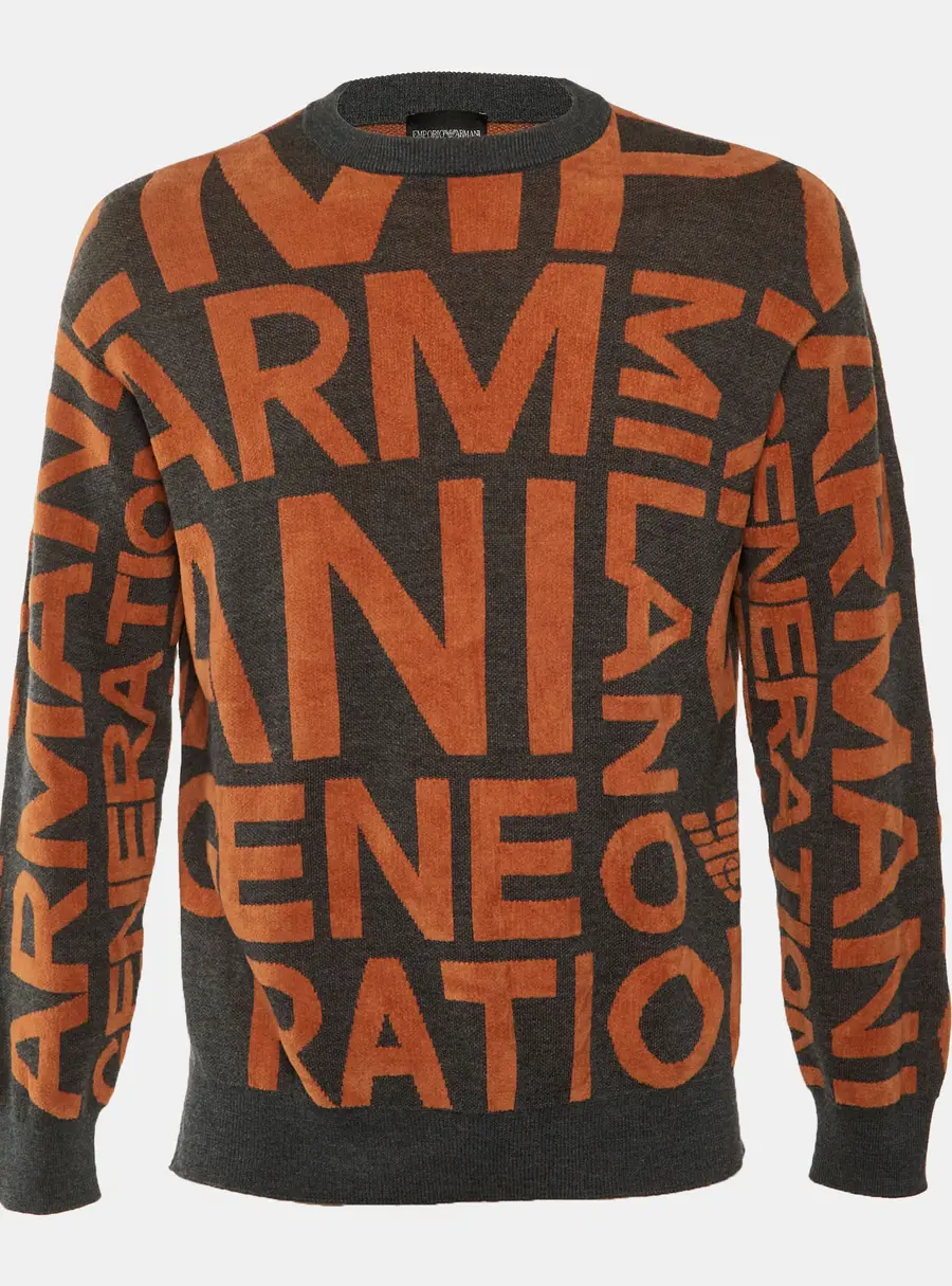 Emporio Armani Grey/Orange All Over Logo Knit Sweatshirt M