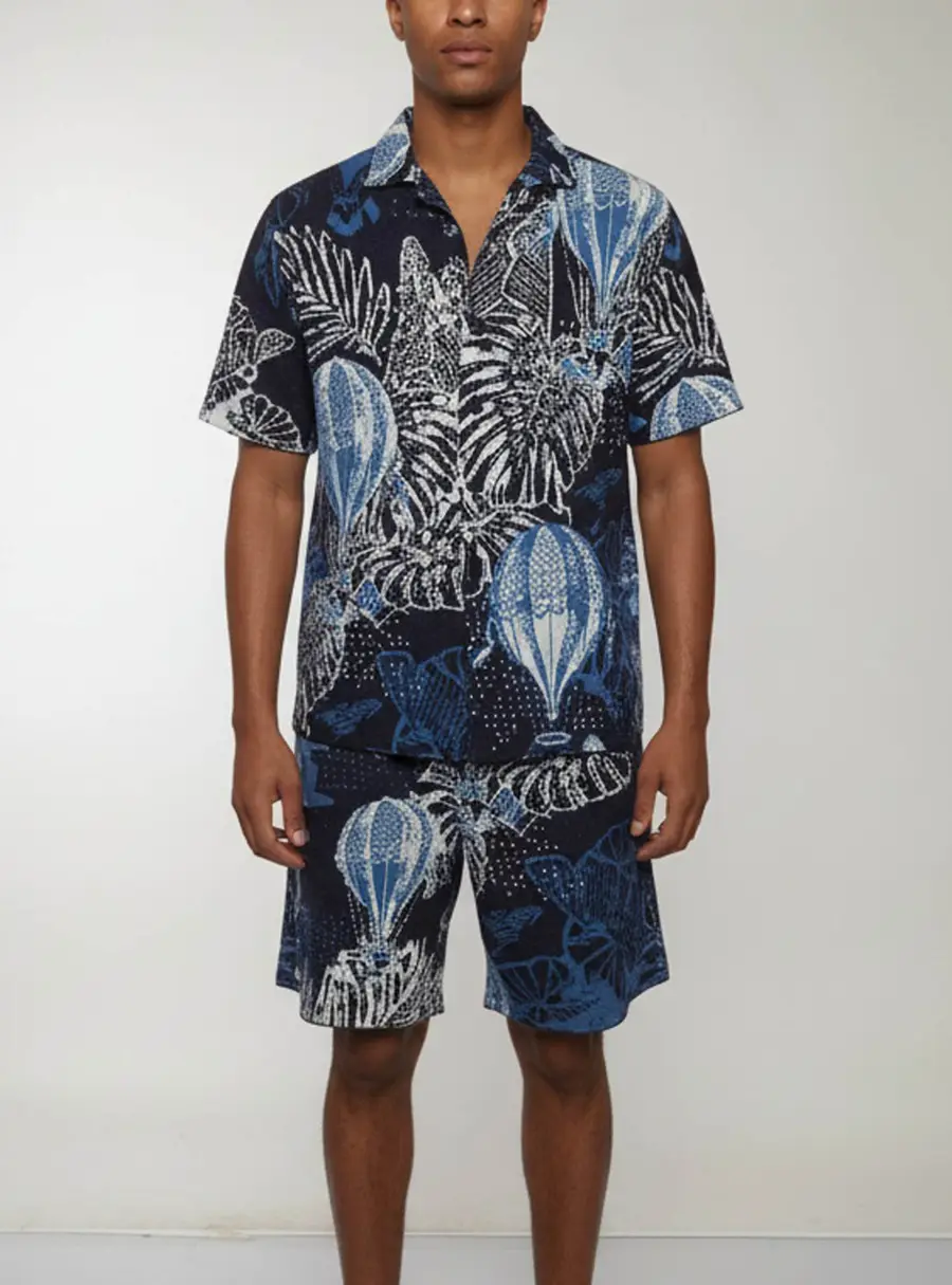 Emporio Armani Blue Tropical Jacquard Knit Shirt and Shorts Set M