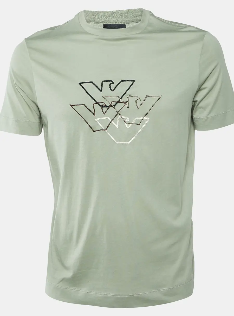 Emporio Armani Sage Green Cotton Eagle Embroidered Crew Neck T-Shirt S