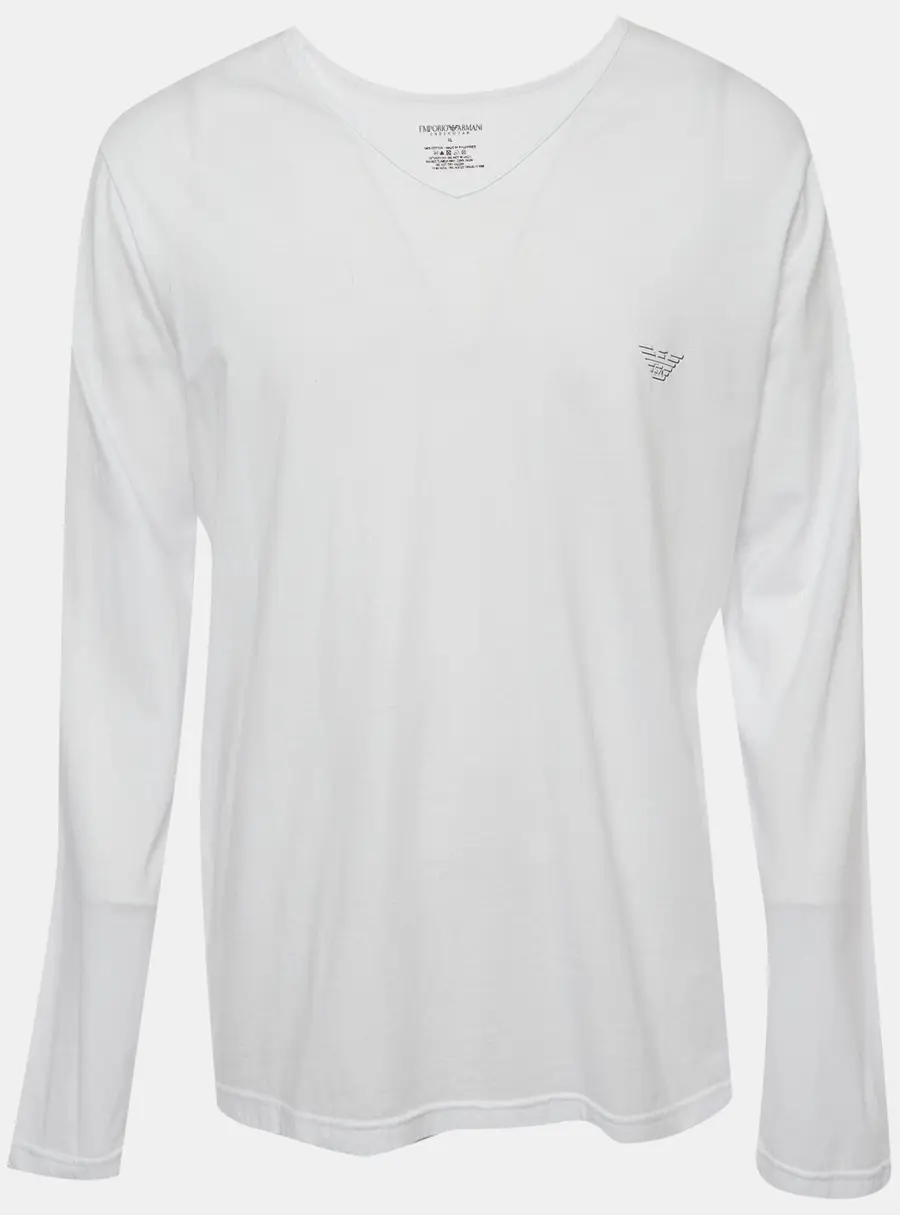 Emporio Armani White Jersey Long Sleeve V-Neck T-Shirt XL