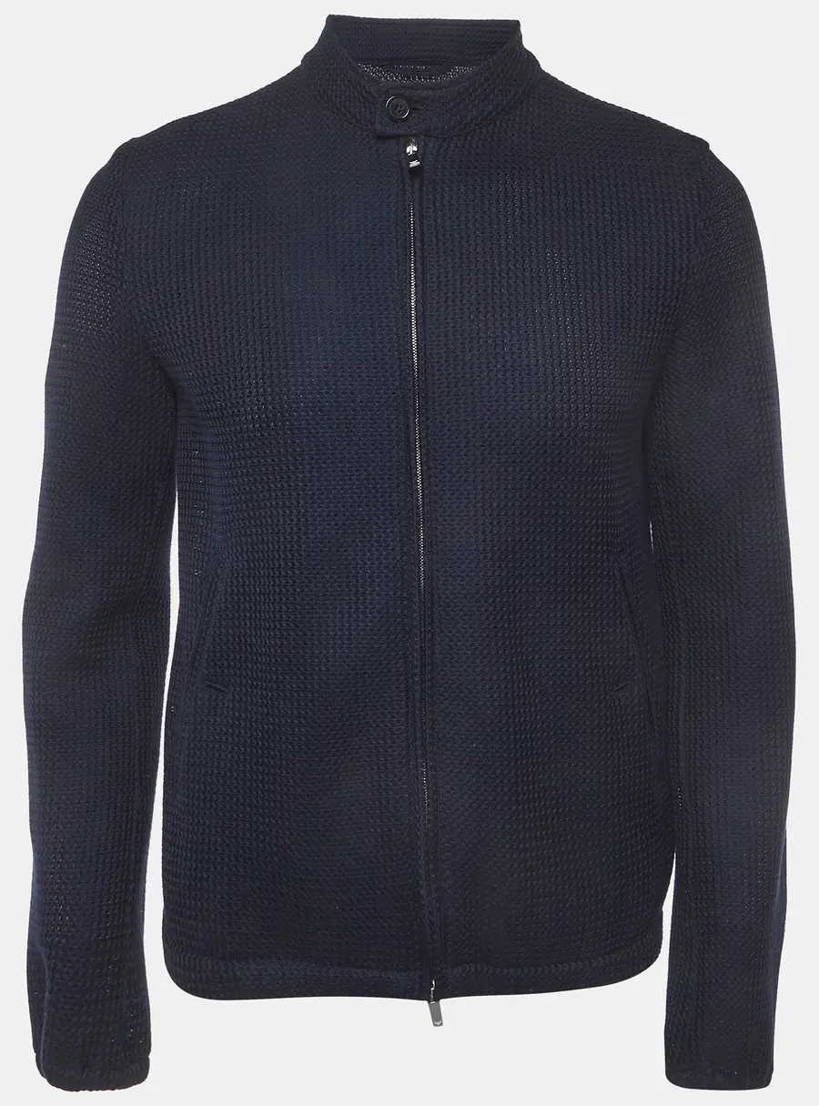 Emporio Armani Navy Blue Textured Knit Zip-Up Jacket M