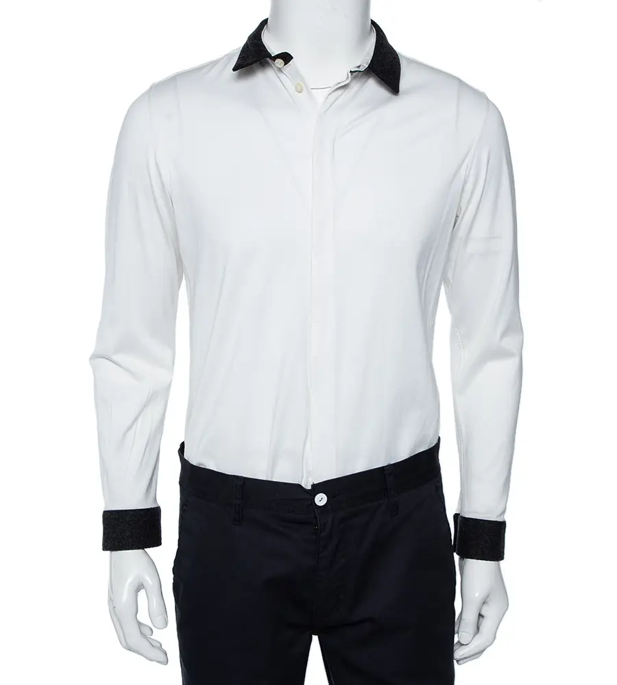 Emporio Armani White Cotton Contrast Wool Trim Button Front Shirt XL