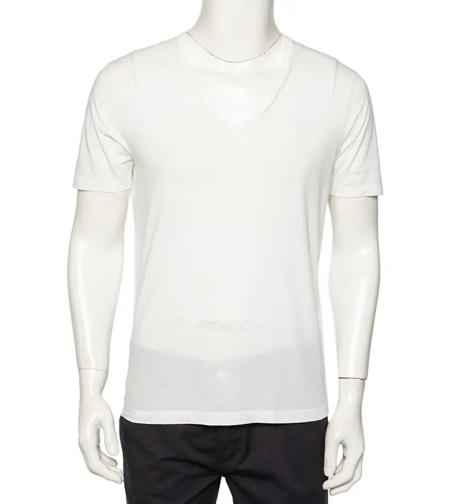 Emporio Armani White Logo Embroidered Cotton V-Neck T-Shirt S