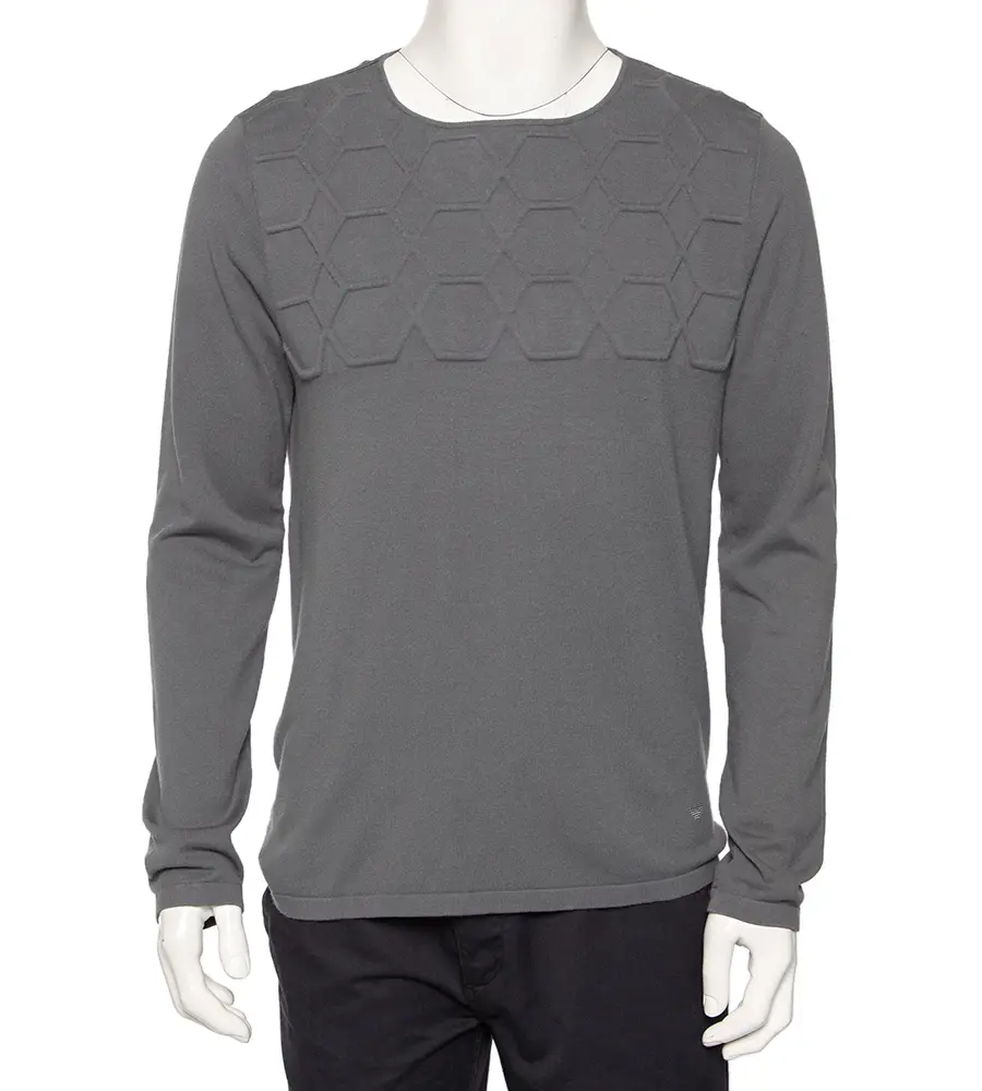 Emporio Armani Grey Embossed Knit Round Neck Sweater L
