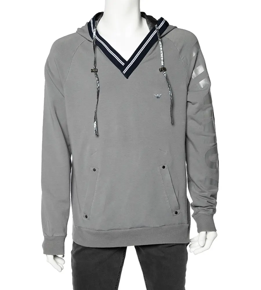 Emporio Armani Grey Cotton Knit Contrast Trim hooded Sweatshirt 3XL