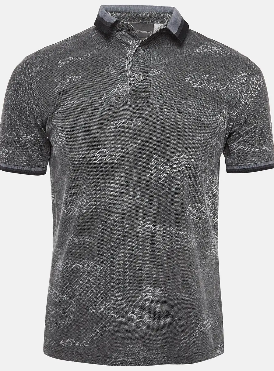 Emporio Armani Grey Printed Knit Polo Contrast Trim T-Shirt S