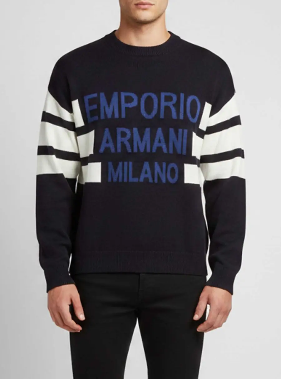 Emporio Armani Black Striped Logo Wool Blend Knit Sweater M