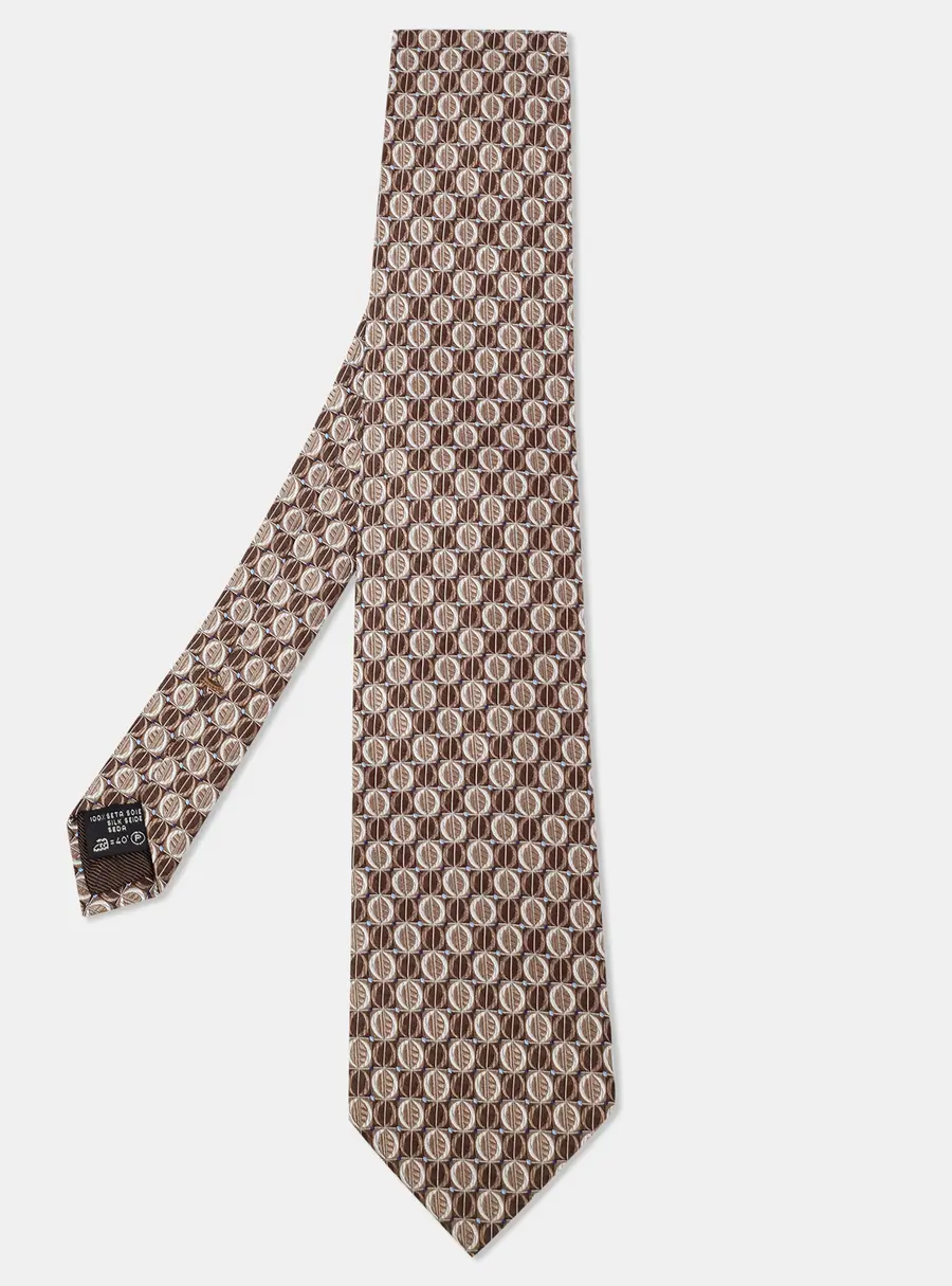 Ermenegildo Zegna Brown Geometric Pattern Jacquard Silk Tie