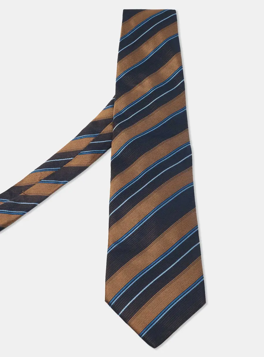 Ermenegildo Zegna Brown & Navy Blue Diagonal Striped Silk Tie