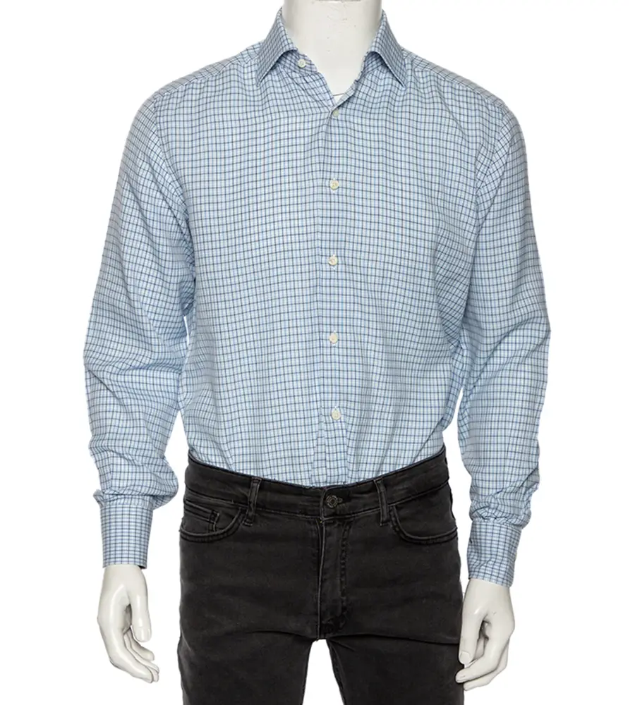 Ermenegildo Zegna Light Blue Check Cotton Button Front Regular Fit Shirt M