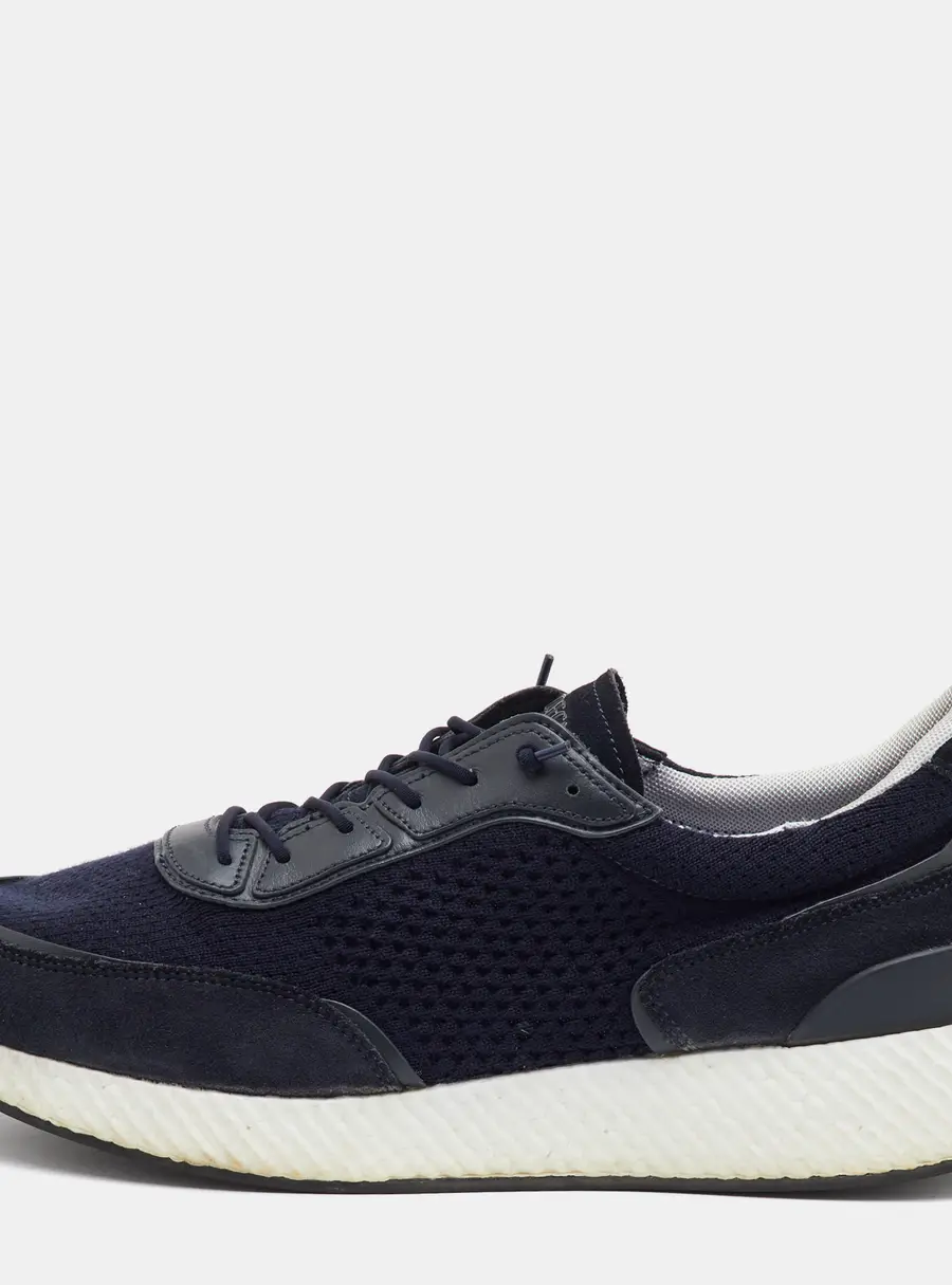Ermenegildo Zegna Size 46 Navy Blue/Black Knit Fabric and Suede Low Top Sneakers
