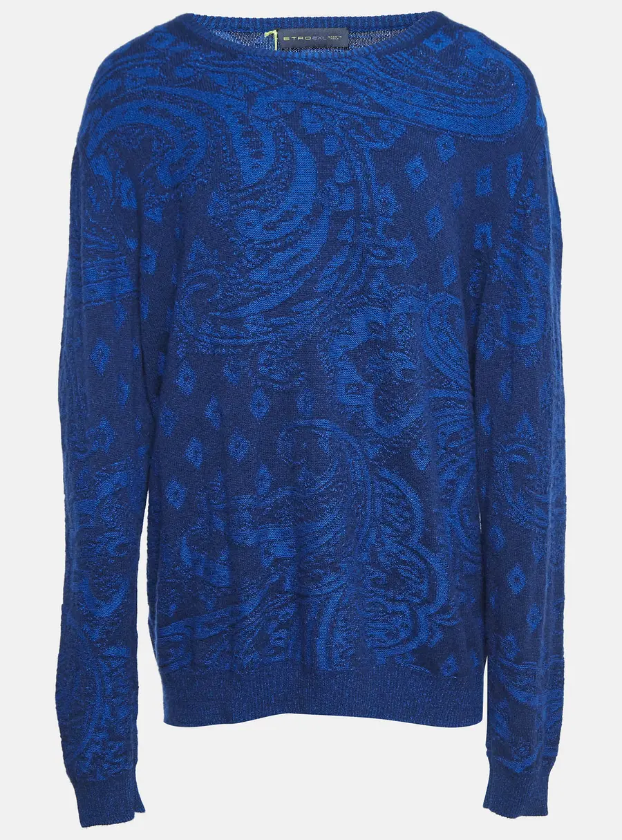 Etro Blue Paisley Knit Crew Neck Sweater XXL