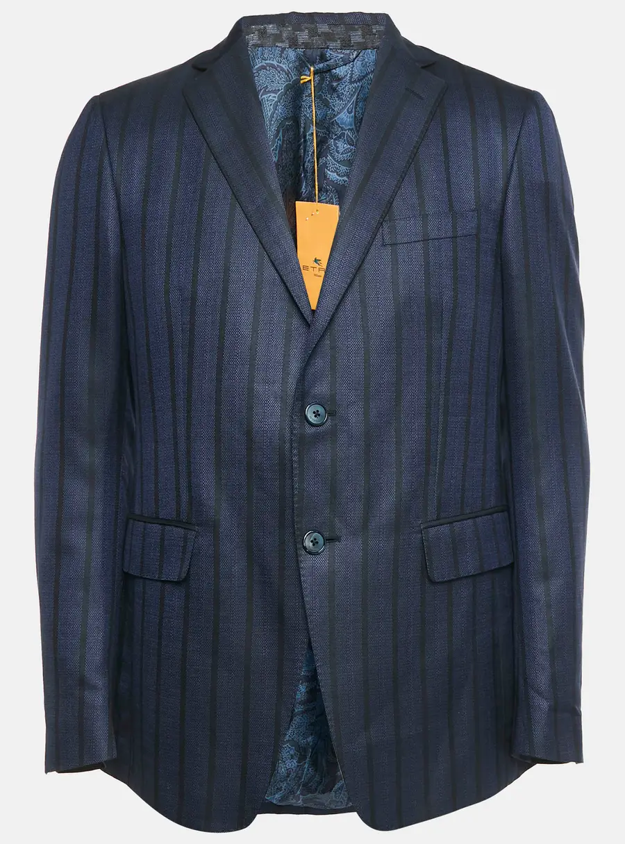 Etro Navy Blue Stripe Wool Blend Single Breasted Blazer L