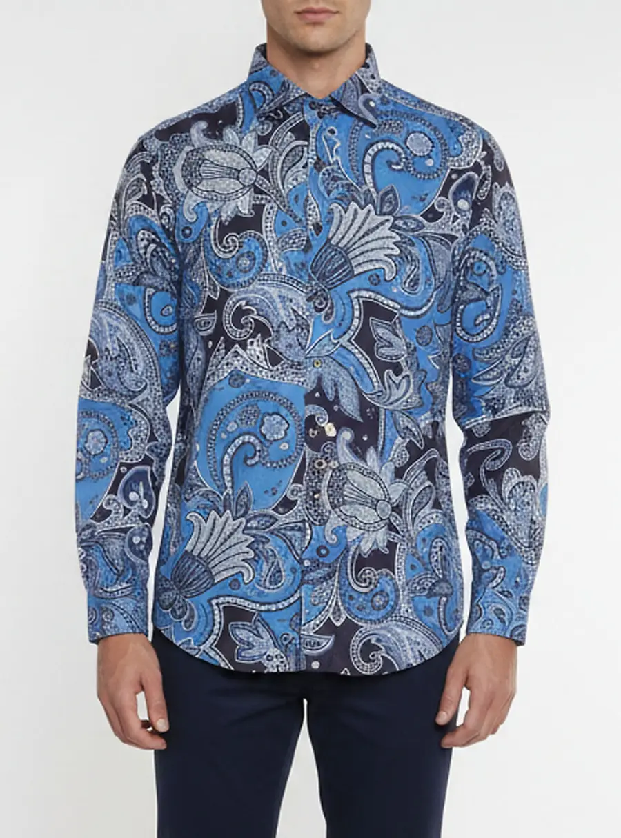 Etro Blue Paisley Print Cotton Long Sleeve Shirt XXL