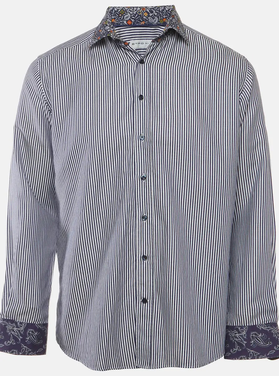 Etro Blue/White Striped and Paisley Print Cotton Button Up Shirt L