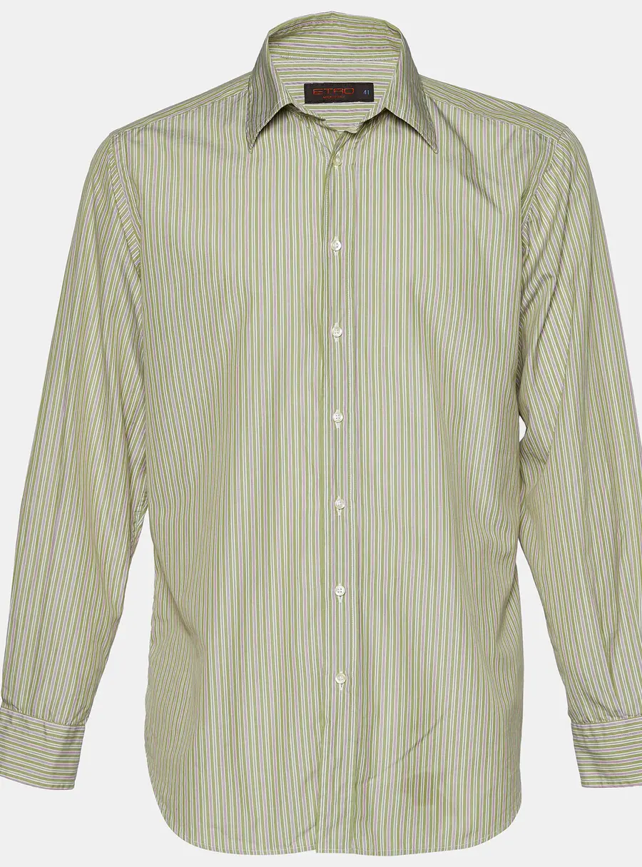 Etro Green Striped Cotton Button Front Shirt L