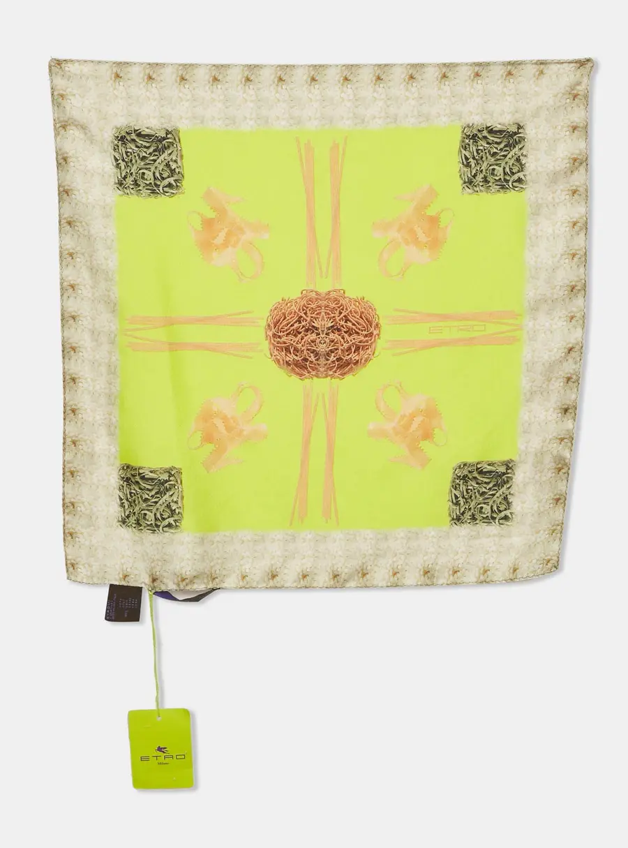 Etro Neon Green Spaghetti Printed Silk Pocket Square