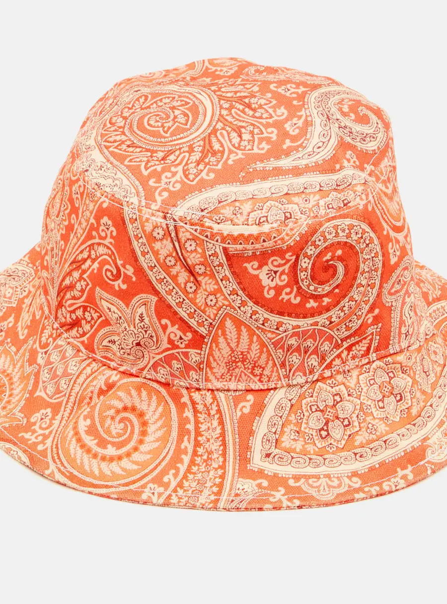 Etro Orange Paisley Print Canvas Bucket Hat