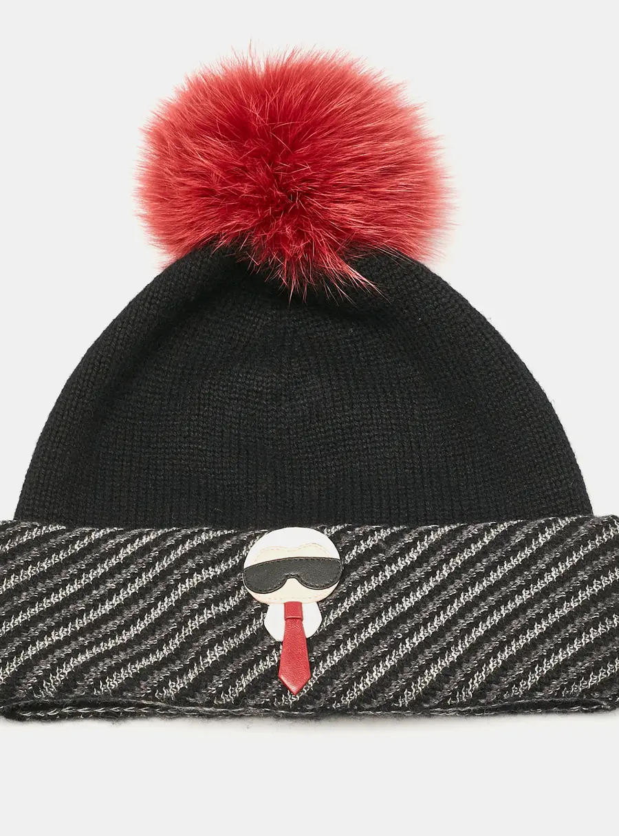 Fendi x Karl Lagerfeld Black Applique Cashmere Pom Pom Beanie