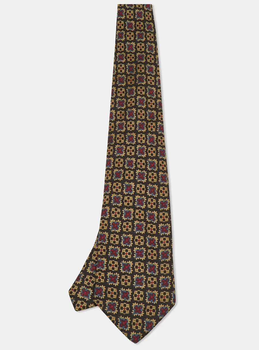 Fendi Vintage Black Geometric Floral Print Silk Tie