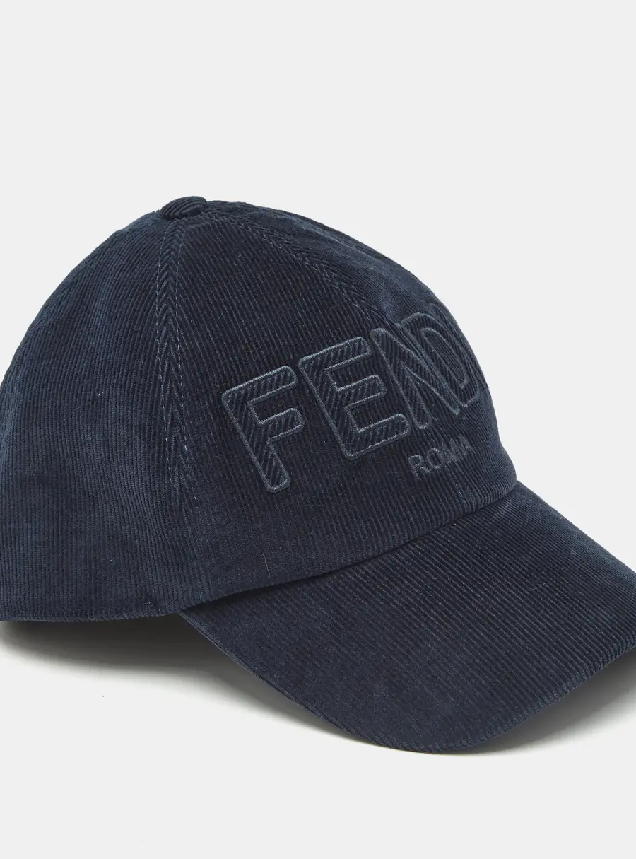 Fendi Navy Blue Logo Embroidered Corduroy Baseball Cap S