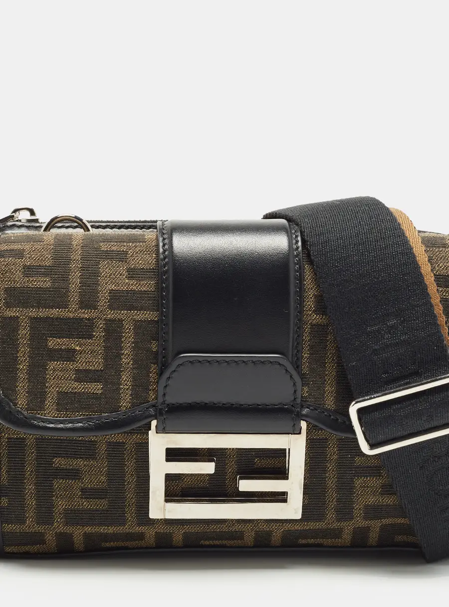 Fendi Double Baguette Black/Tobacco Zucca Canvas and Leather Crossbody Bag