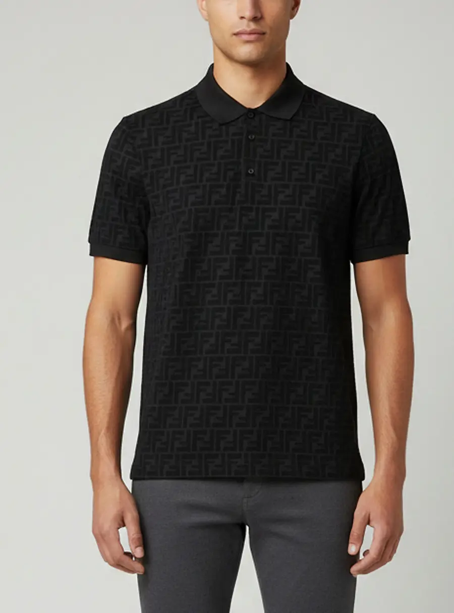 Fendi Black Zucca Flocked Pattern Jersey Polo T-Shirt XL