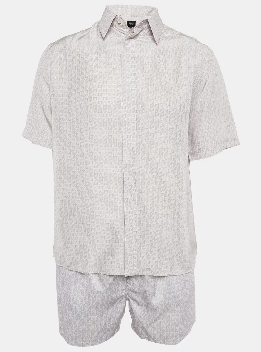 Fendi White/Purple Logo Print Silk and Synthetic Shirt & Shorts Set M/XL