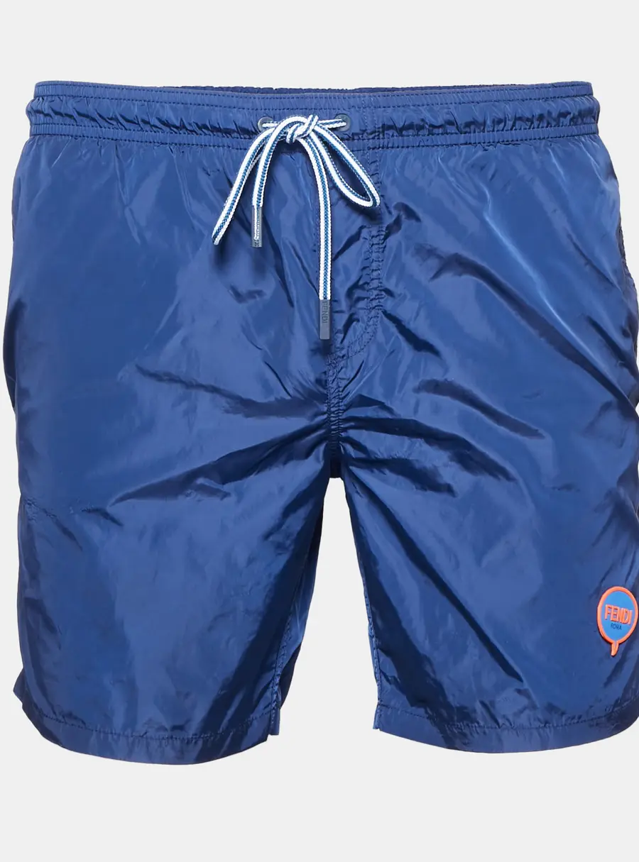 Fendi Navy Blue Nylon Fendi Logo Patch Swim Shorts S