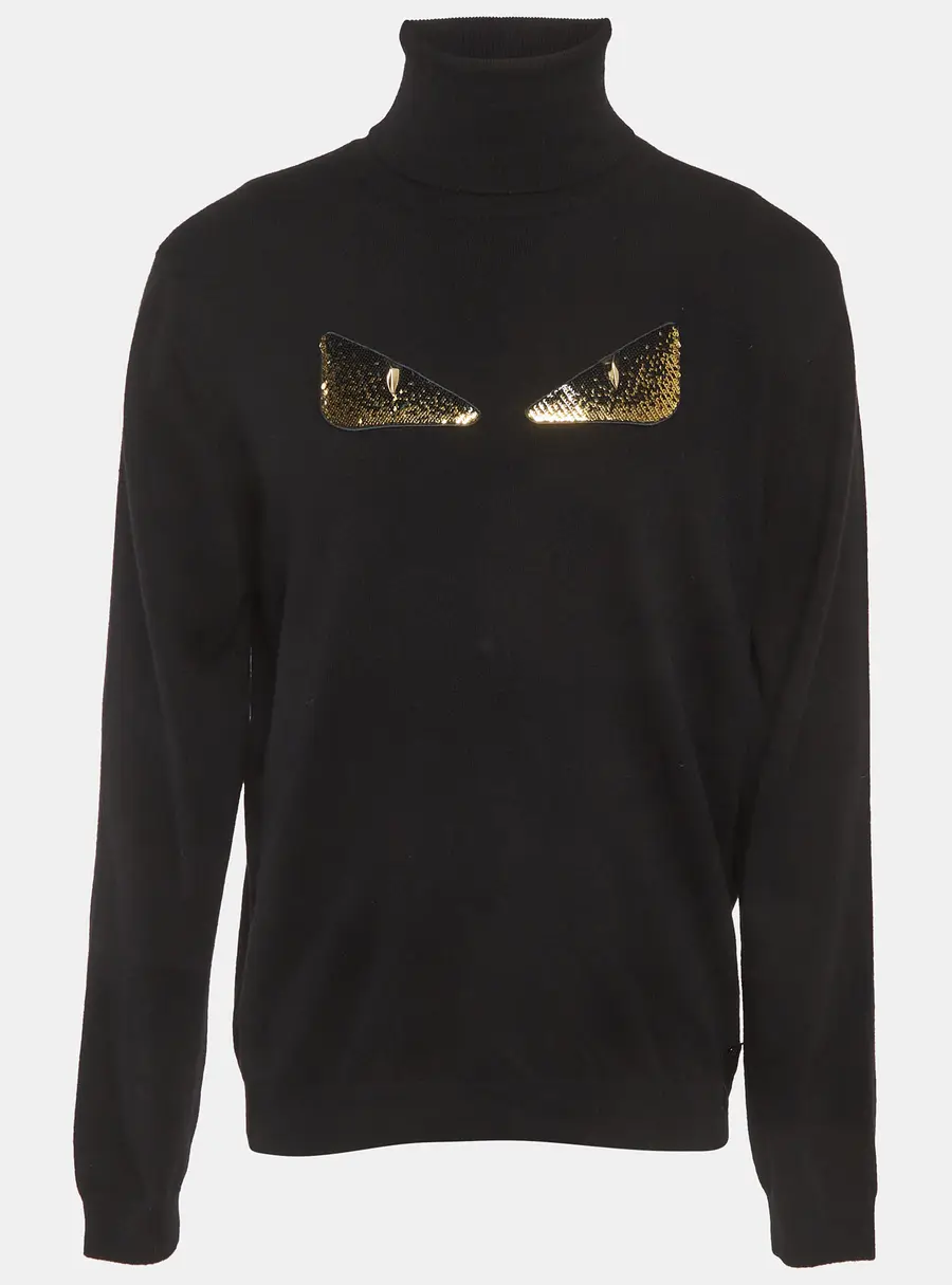 Fendi Black Monster Eye Sequin Cashmere Knit Sweater XXL