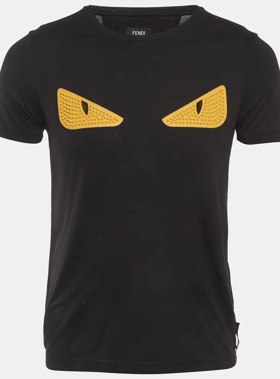 Fendi Black Textured Leather Monster Eye Jersey T-Shirt S