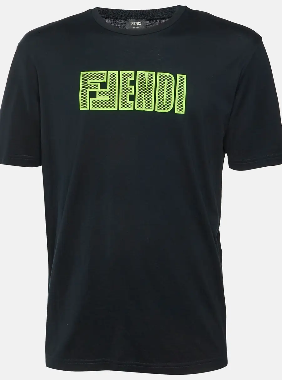 Fendi Black Cotton Fluo Logo Detail Crew Neck T-Shirt L