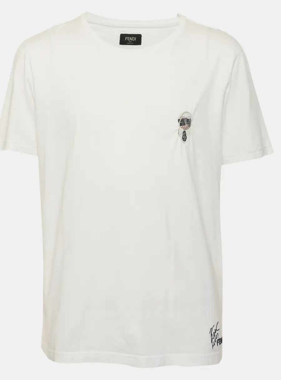 Fendi White Cotton Karl Lagerfeld Embellished T-Shirt XL