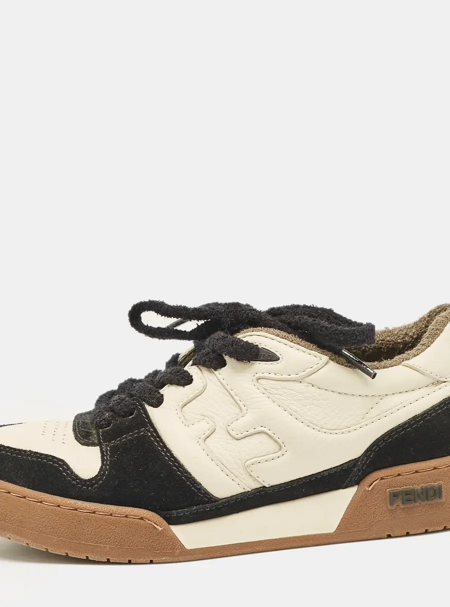 Fendi Cream/Black Leather And Suede Match Lace Up Sneakers Size 38