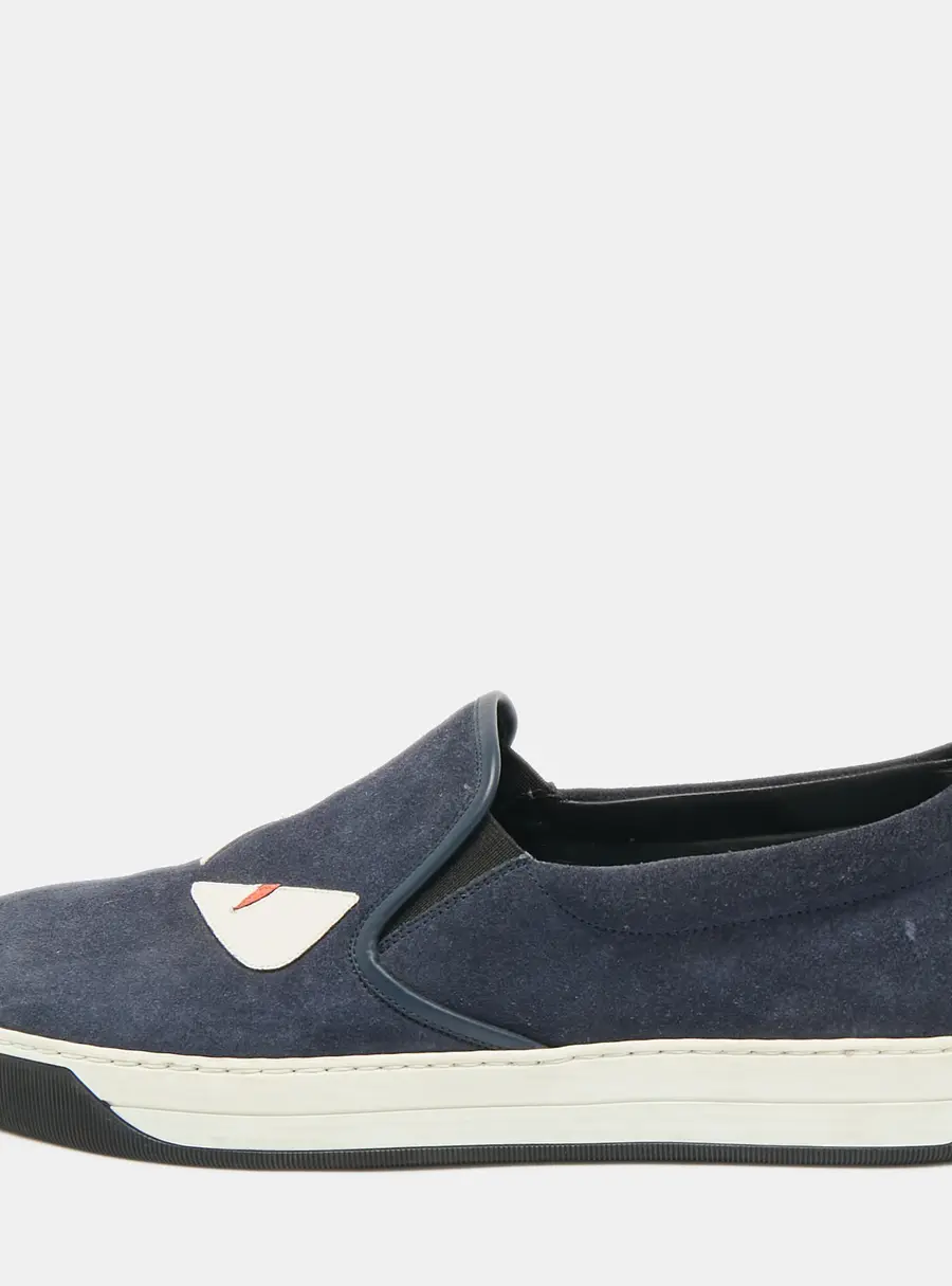 Fendi Monster Eyes Size 43 Navy Blue Leather and Suede Slip On Sneakers