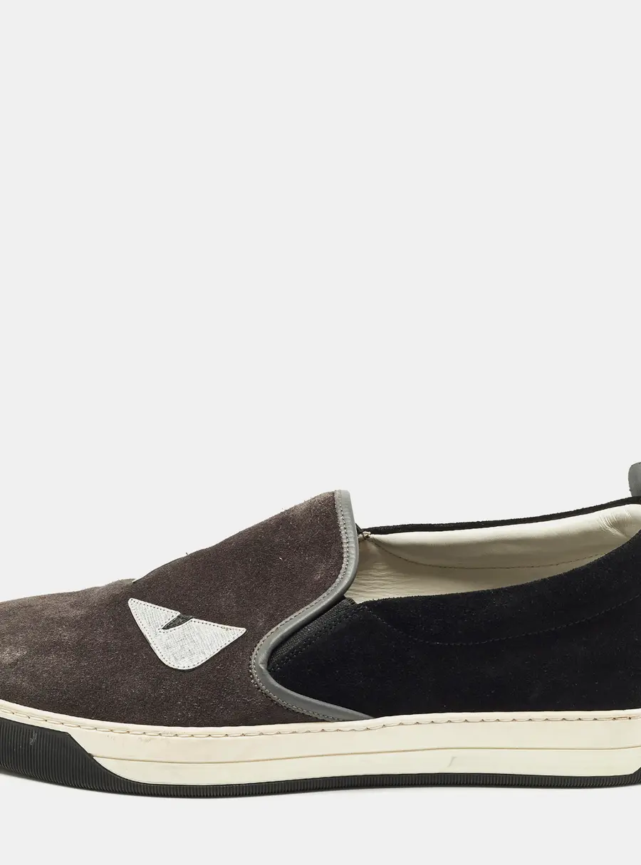 Fendi Monster Eyes Size 44.5 Black/Grey Leather and Suede Slip On Sneakers