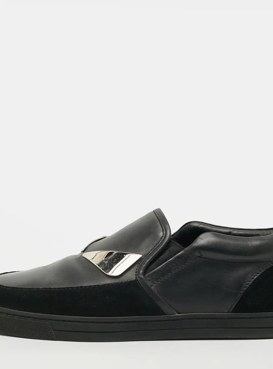Fendi Monster Eyes Size 40 Black Leather and Suede Slip On Sneakers