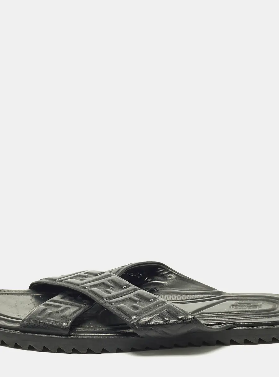 Fendi Size 44 Black Leather FF Logo Criss Cross Flat Slide