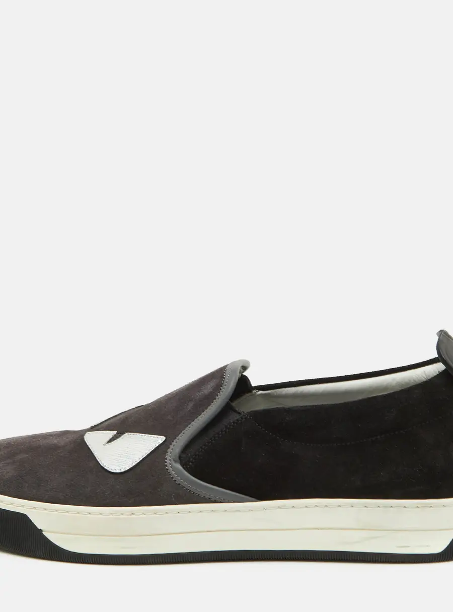 Fendi Monster Eyes Size 41 Dark Grey/Black Suede Slip On Sneakers