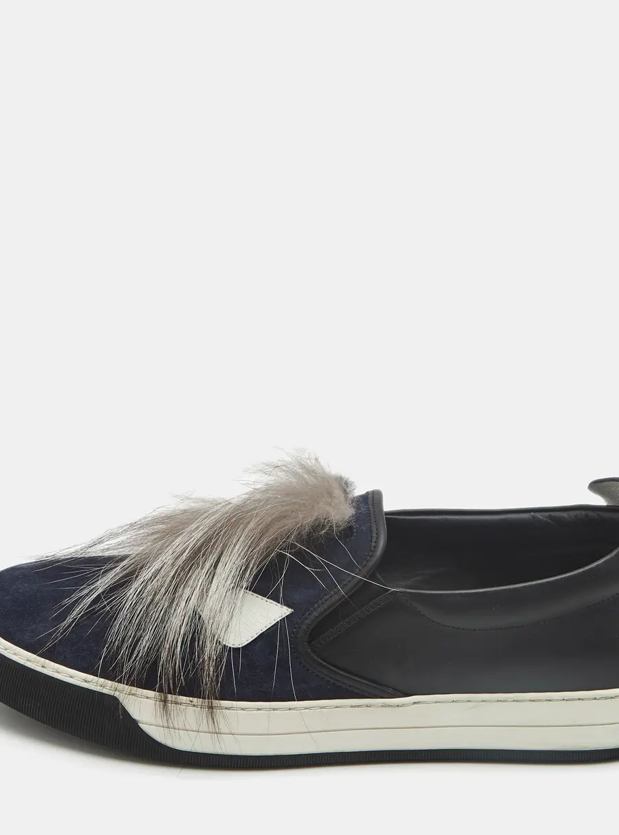 Fendi Monster Size 43 Navy Blue/Black Leather and Suede Slip On Sneakers