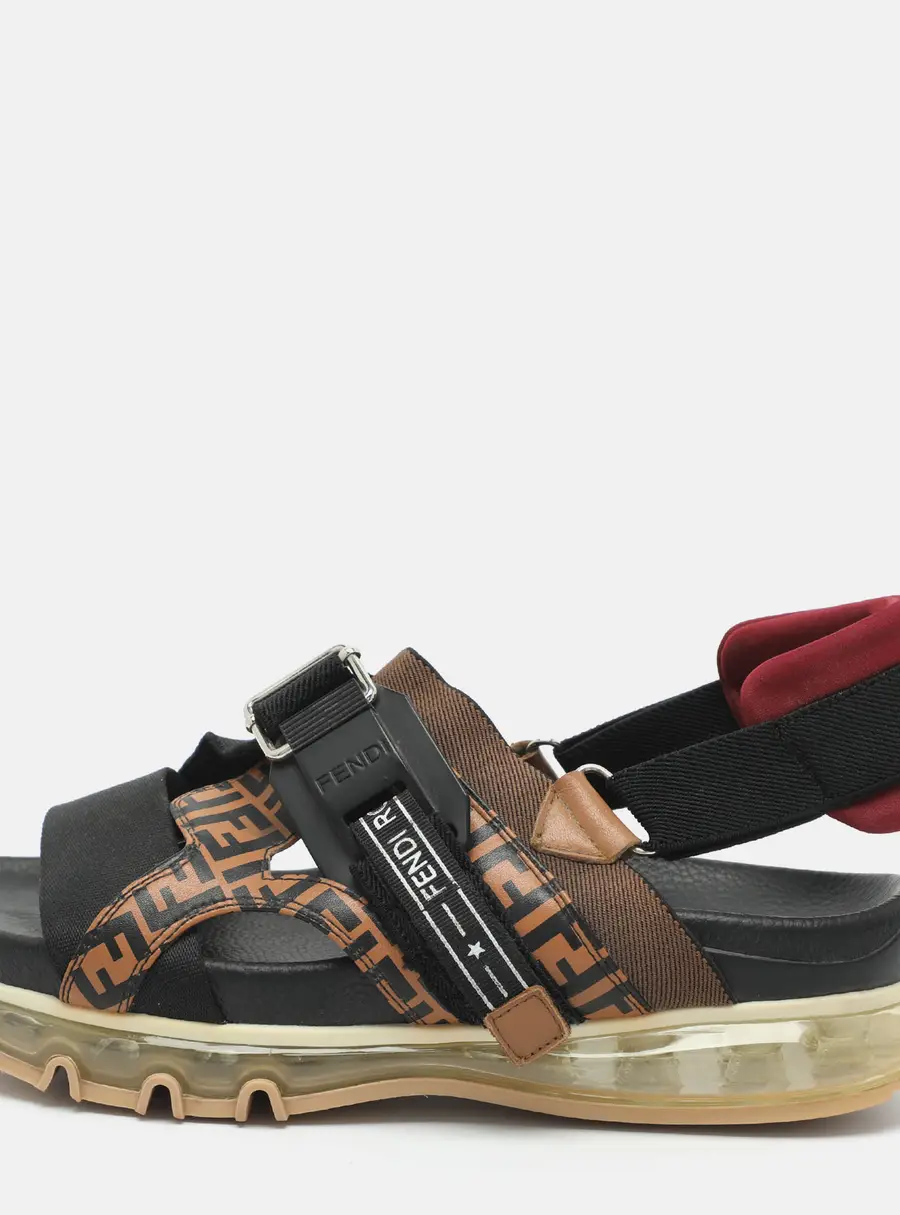 Fendi Band Running Size 41 Black/Zucca Leather and Elastic Flat Sandals