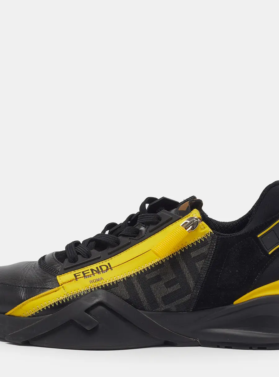 Fendi Flow Size 40.5 Black/Yellow FF Fabric and Leather Low Top Sneakers
