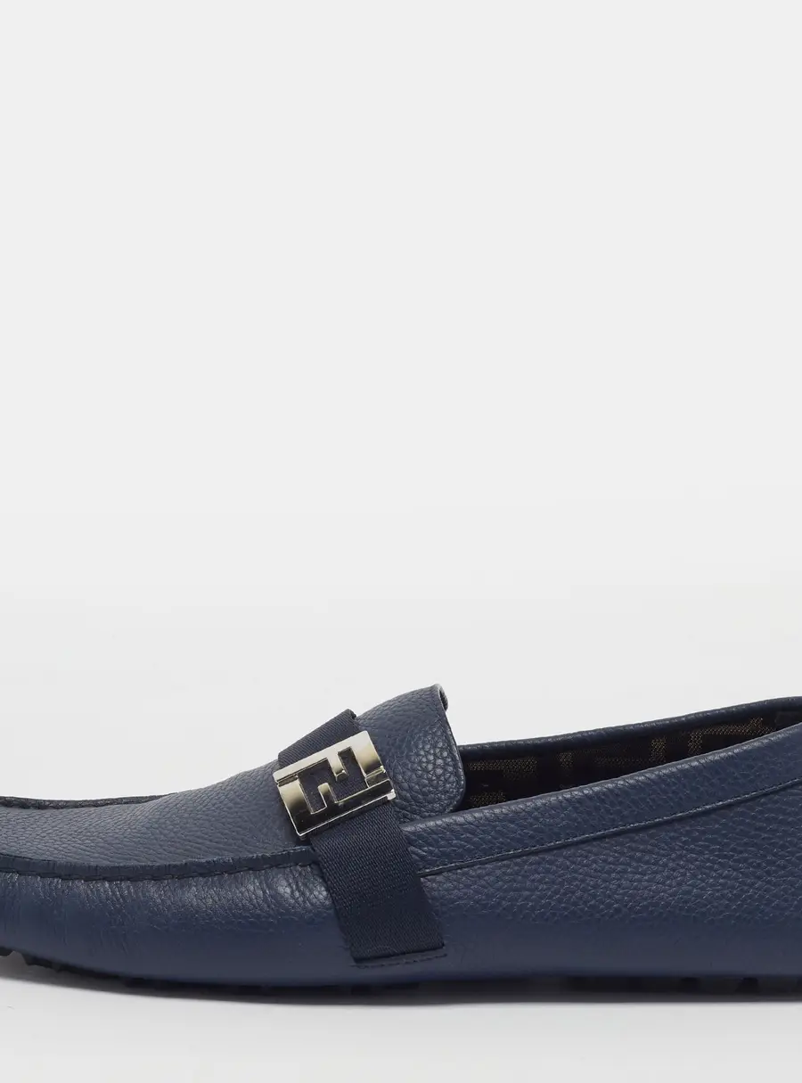 Fendi FF Size 43 Navy Blue Leather Driver Loafers