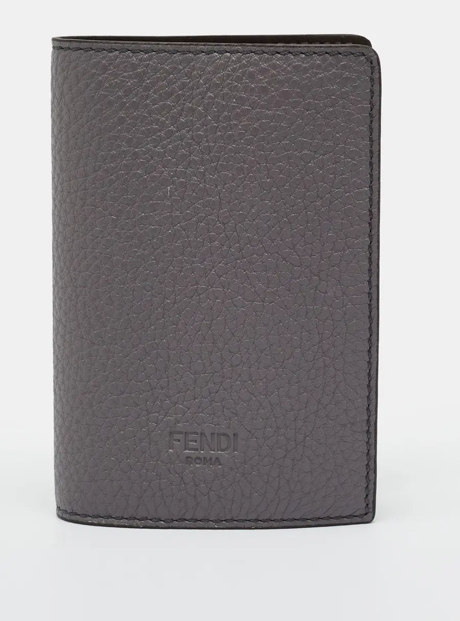 Fendi Logo Passport Holder Grey Leather
